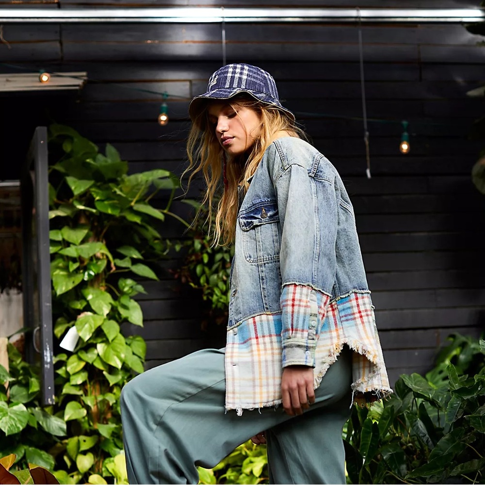 Free People Sirius Mixed Denim Jacket Plaid Oversized Boho